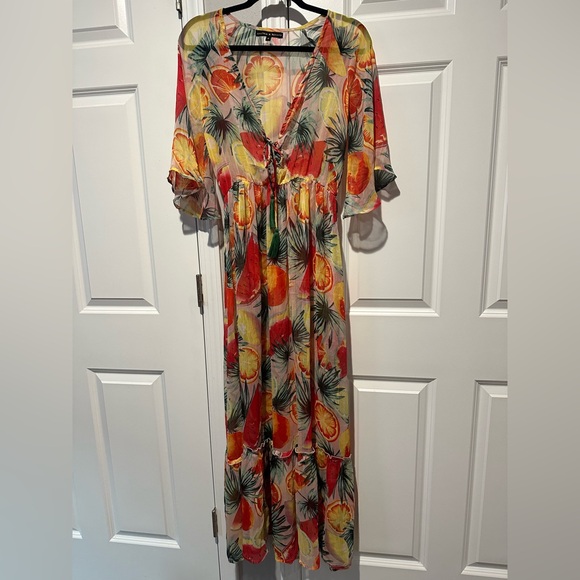 🍉🍊America & Beyond Fruit Punch Sheer Cover Up Kaftan Dress🍉🍊 Womens small. - Picture 1 of 4